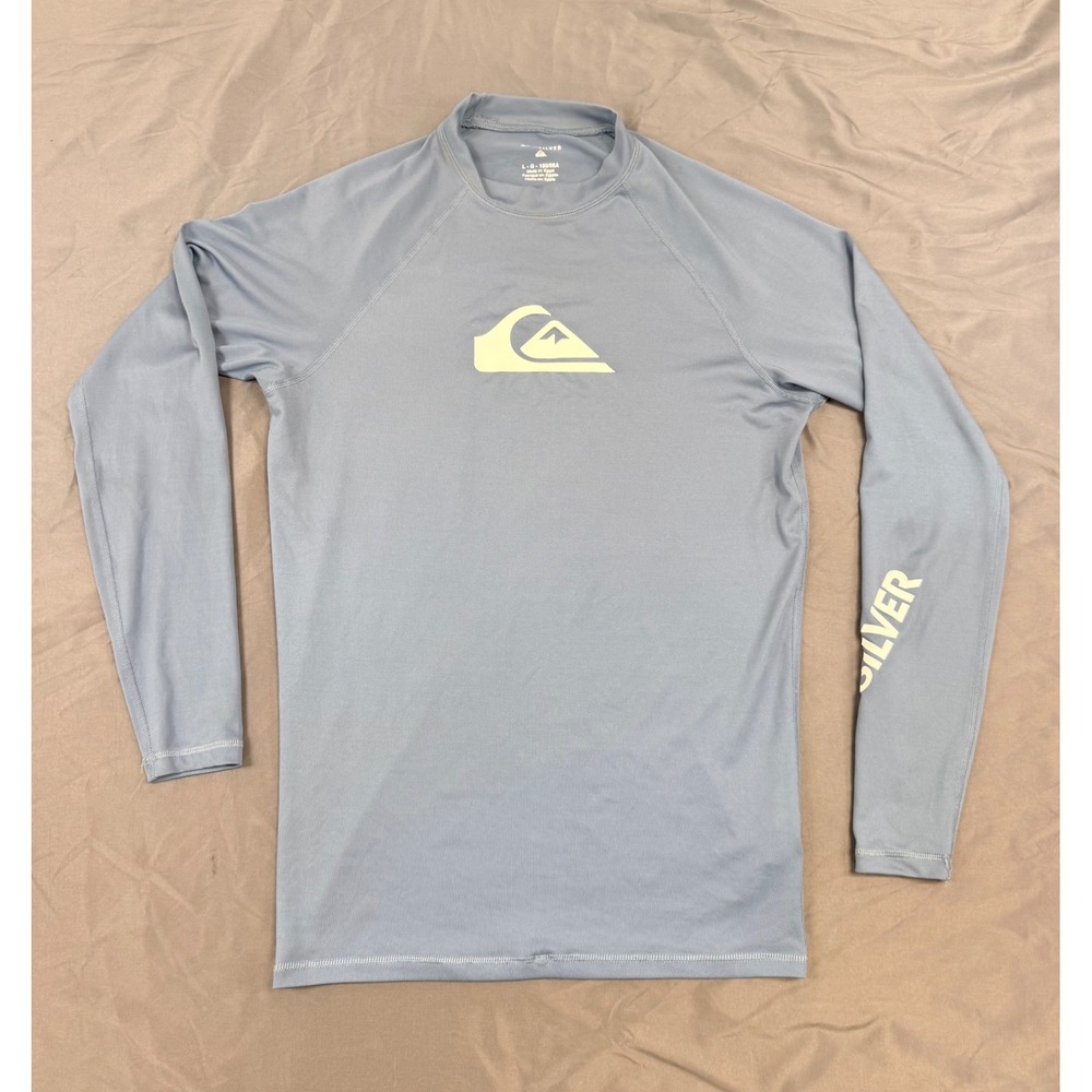 Quiksilver Mens Long Sleeve Rash Guard Blue Grey Logo Swim Shirt Size Large